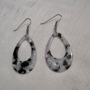 Retro 80's, Marbled Grey,  Black, White, Acrylic Teardrop Hoop Dangle Earrings.